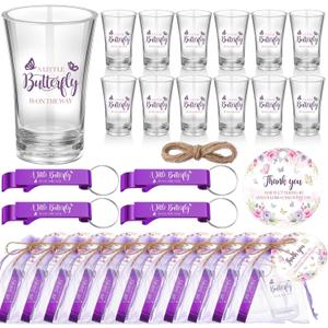 Funnymoom 50 Sets Butterfly Baby Shower Favors for Guests a Little Butterfly Is on the Way Acrylic Shot Glasses with Bottle Opener Keychains Floral Thank You Tags and Bags Birthday Party Supplies