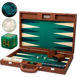 Pointworks 19 Inch Premium Backgammon Sets for Adults Leather Brown - Green. Premium 1.6 Inch Checkers & Dice Set, Travel Backgammon Set, Large, Backgammon Board Game, Backgammon Game Set, 12.5 x 19 inches