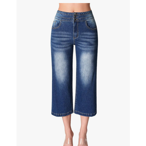 roswear Women's Wide Leg Stretchy High Waisted Capri Denim Pants Blue XXL