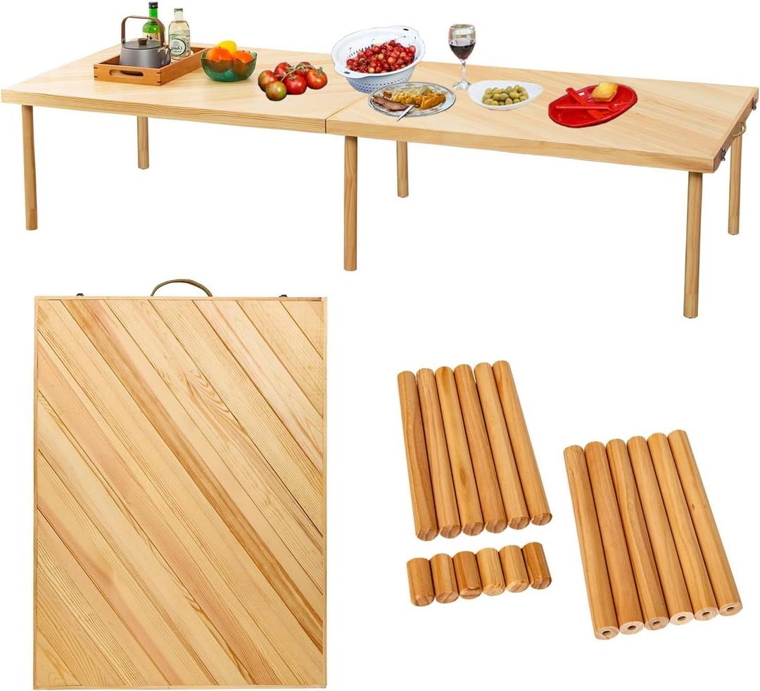 Zupemo 80"x30" Boho Wooden Picnic Table, Portable Outdoor Low Picnic Table with Adjustable Legs 13" & 16" for Floor Seating, Beach, Camping, BBQ, Backyard, 80x30in Seating for 12 People