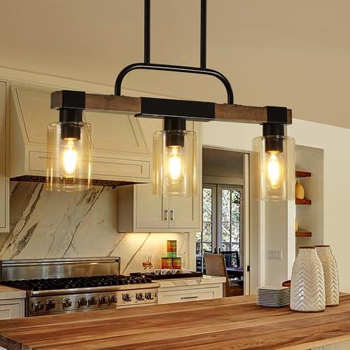 XvmBvm Farmhouse Dining Room Light Fixtures Over Table，Rustic Ceiling Pendant Lights Kitchen Island，3-Light Wood Kitchen Island Lighting Linear Chandelier with Clear Glass lampshade