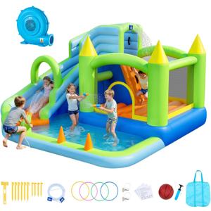 VEVOR Bounce House for Kids, Inflatable Bounce House with Air Blower, Water Slide, Bouncer Castle with Castle Bounces, Basketball Hoop, Splash Pool & Water Ring Toss, for 3 to 4 Kids Ages 3 to 8, 11.3 x 12.3 x 7.0 ft