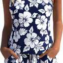 MODLILY Modest Coverage Womens Tankini Swimsuits with Pocket, Bathing Suits Contrast Binding Tank Top with Board Shorts (Blue, L)