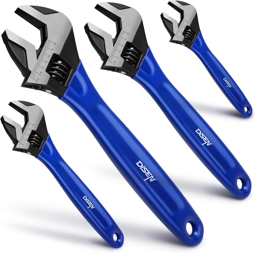 DISEN 4PCS Adjustable Wrench, 6,8,10,12 Inch Crescent Wrench with Cushion Grip, Adjustable Spanner Wide Jaw Black Oxide with Workshop, Laser-etched Metric Scales, Cr-V Steel, Garage