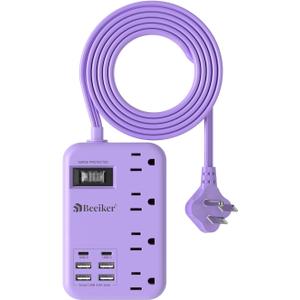 6 USB(2 USB C) Purple Travel Power Strip- 5Ft Lavender Extension Cord with 24W USB Charging Station and 4 Outlets, Purple Desk Accessories with Surge Protector for Cute Kawaii Office Dorm Room