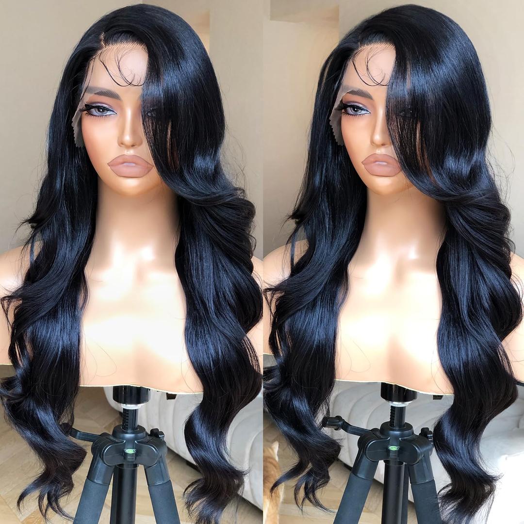 Bombshell Body Wave Wig, Synthetic Lace Front Wig Pre Plucked Glueless Ready to Wear, 13X5X1 Side Part HD Lace Wigs for Women 24inch, 1B Jet Black Wig Human Hair Luster