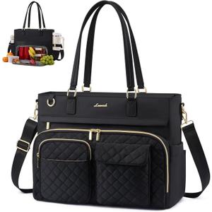 LOVEVOOK Insulated Lunch Tote Bag for Women, Work Bag for Women with Cup Holder, Large Capacity Teacher Bag with Laptop Compartment, Water Resistant Nurse Tote for Travel, College, 17.3 Inch Black