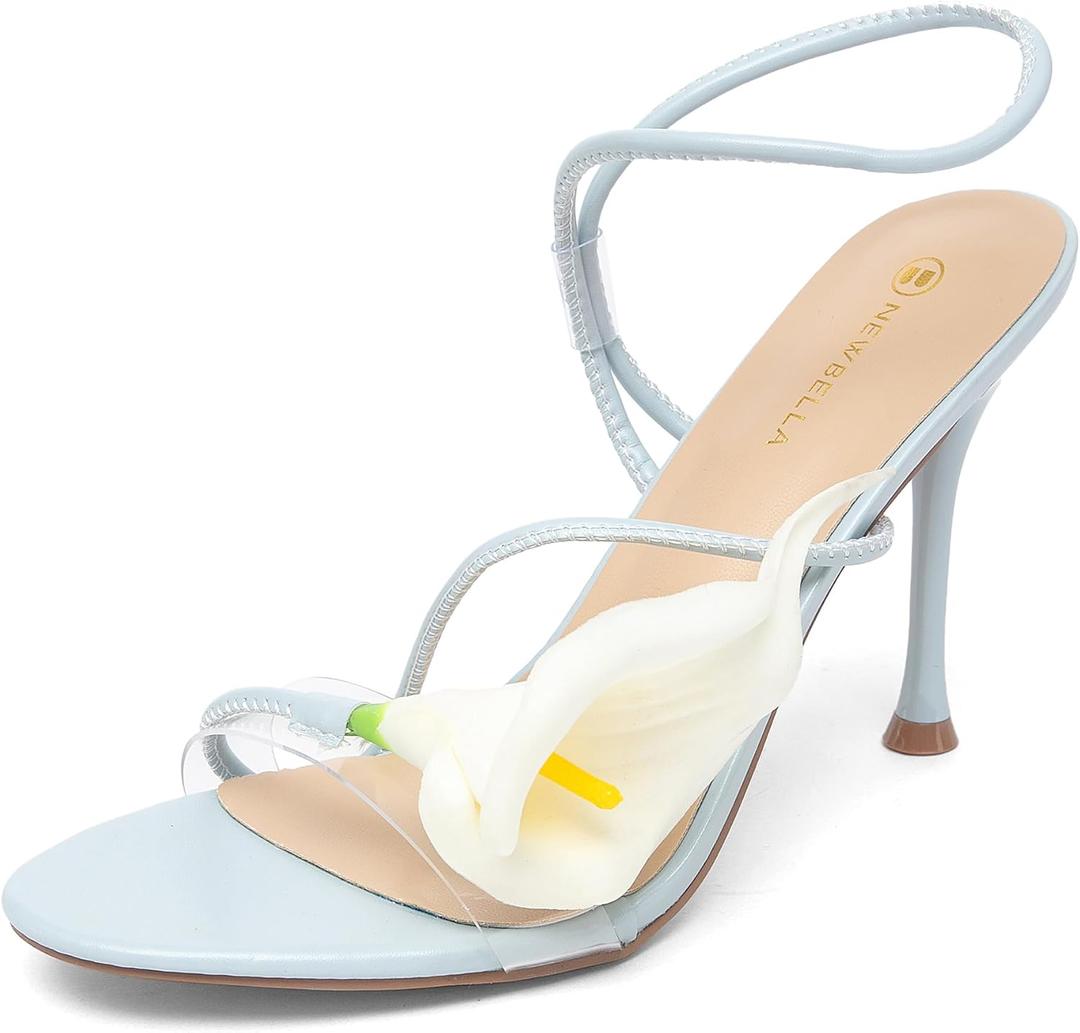 NEWBELLA Women’s Floral Stiletto Sandals Calla Lily Flower Heels Open Toe Dress Sandals Ankle Strap High Heels for Wedding Party Prom Summer Dress Shoes