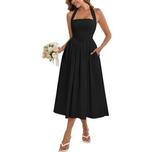 Parthea Women's Floral Halter Corset Midi Dress 2026 Elegant Smocked Flowy Wedding Guest Dresses with Pockets (X-Large, Black)
