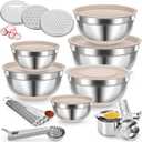 7QT 30PCS Mixing Bowls with Lids Set, 7QT to 1QT Stainless Steel Nesting Bowls with Graters, Non-Slip Silicone Bottom, Large Khaki Bowls & 21 Measuring Cups and Spoons Set Kitchen Appliances