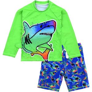 Boys UPF 50+ Long Sleeve Rash Guard and Swim Trunks Outfit Set Toddler to Big Boy Sizes (3-11Years)
