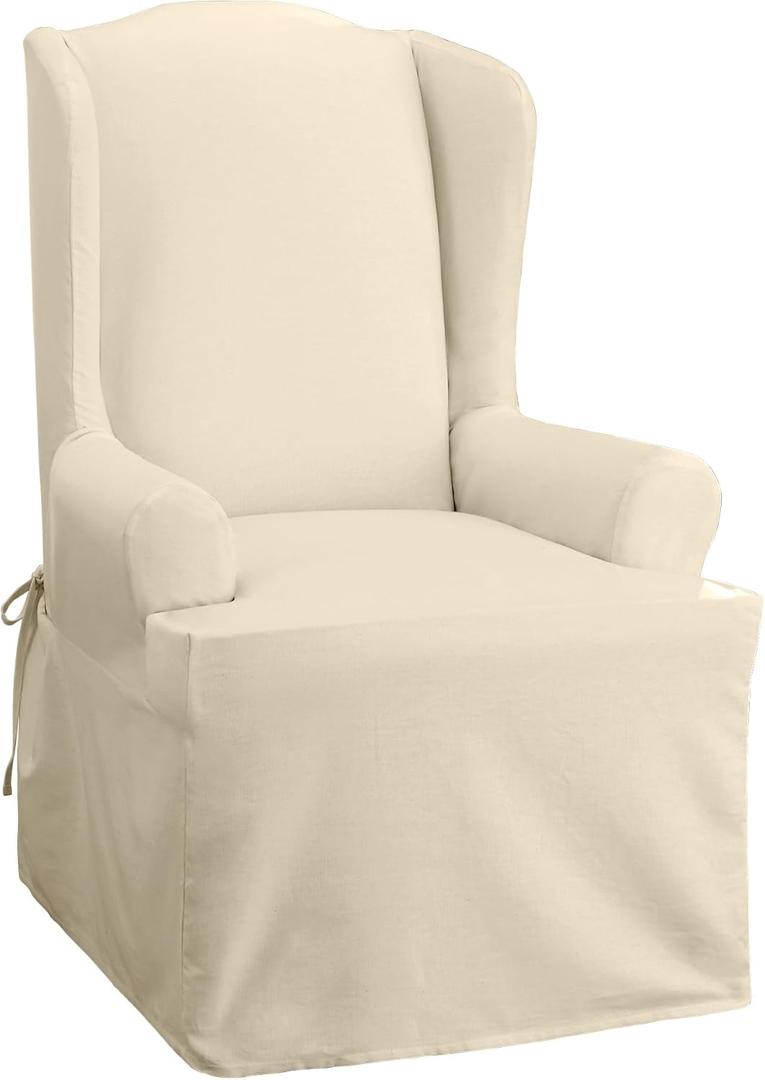 Sure Fit Home Dcor Cotton Duck Solid T-Cushion Wing Chair One Piece Slipcover, Relaxed Woven Fit, 100% Cotton, Machine Washable, Natural Color
