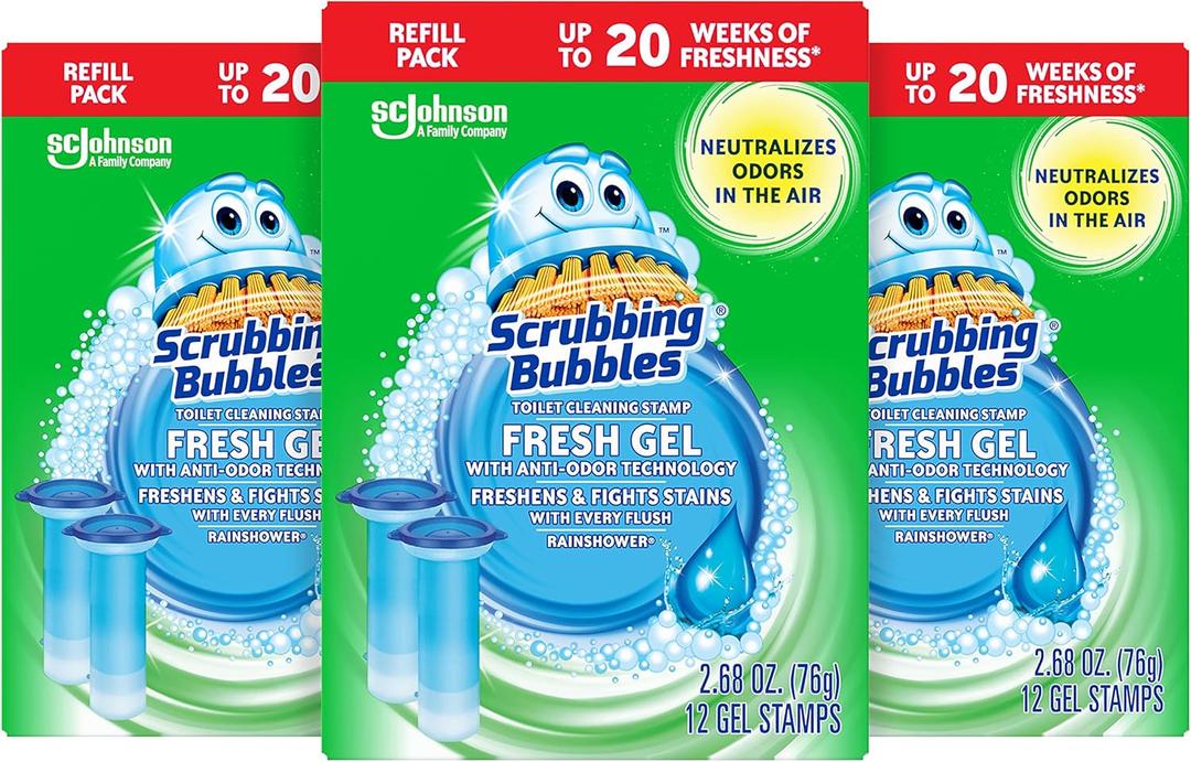 Scrubbing Bubbles Fresh Gel Toilet Bowl Cleaning Stamps Refills, Helps Keep Toilet Clean and Helps Prevent Limescale & Rings, Rainshower Scent, 12 Stamps (Pack of 3)