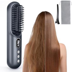 LAMA Cordless Hair Straightener Brush - Portable Hair Brush - 20s Fast Heating - 130 Million Plasma for Frizz-Free Shine, 90000mAh Mini Hair Straightener Comb for Women Travel, LED Display Hot Comb,GY