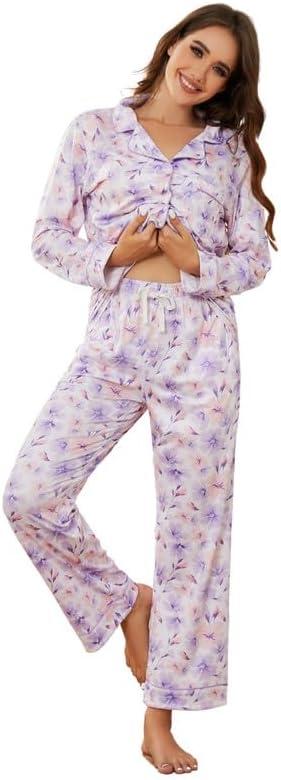 LYCY Womens Pajama Sets Floral Print, Long Sleeve Button Down Pajamas Set for Women Soft Sleepwear Pjs 2 piece Loungewear (Small, Purple Floral-pink) LYCY Womens Pajama Sets Floral Print, Long Sleeve Button Down Pajamas Set for Women Soft Sleepwear Pjs 2 piece Loungewear (Small, Purple Floral-pink)