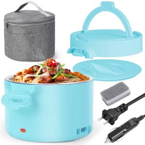 Electric Lunch Box for Adults with Insulated Carry Bag, 33.8oz 3-in-1 Portable Food Warmer 12V/24V/110V Leakproof & Dishwasher-Safe | Heated Lunch Box for Office, Car, Travel | Gifts for Women (Blue)