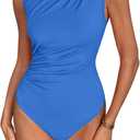 SweatyRocks Women's Mock Neck Ruched Bodysuit Sleeveless Solid Casual Jumpsuit Tops (S, Blue)