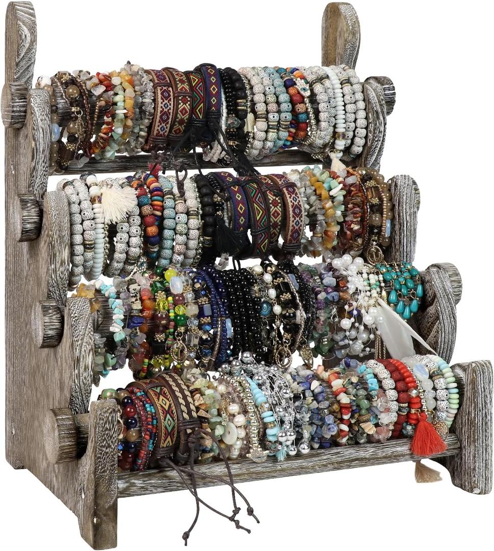 TOPNEW 4 Tier Wooden Bracelet Holder, Bangle Watch Necklace Display Storage Jewelry Holder Stand Display Organizer,Antique White
