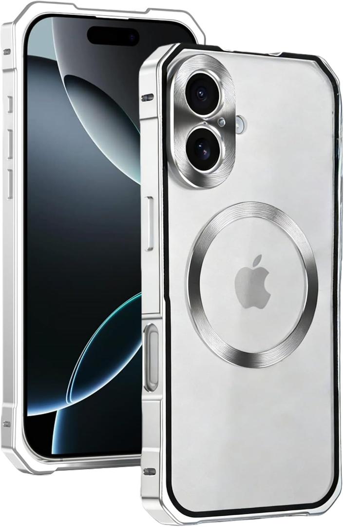 for iPhone 17 Magnetic Aluminum Alloy Case,6.1" Frosted Translucent Cover,Sliding Magnetic Back Cover Protective Case,Rugged Shockproof Protective Cell Cover,Metal Silver