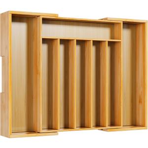 Kitsure Large Bamboo Silverware Organizer - Expandable Drawer Organizer for Utensil, Cutlery and Flatware, Kitchen Storage Solution with 6 to 8 Slots, Natural, 19.4"  13.1"  1.8"
