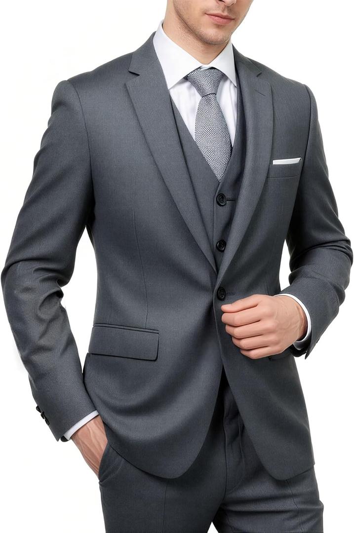 Cloudstyle Mens 3-Piece Suit Notched Lapel One Button Slim Fit Formal Jacket Vest Pants Set (Small, Dark Grey)