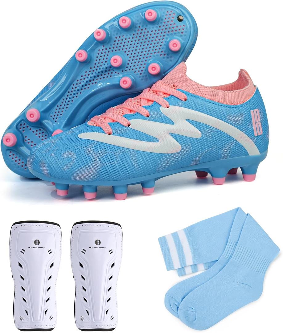 brooman Kids Firm Ground Soccer Cleats Boys Girls Football Shoes with Shin Guards and Soccer Socks, 3 Little Kid