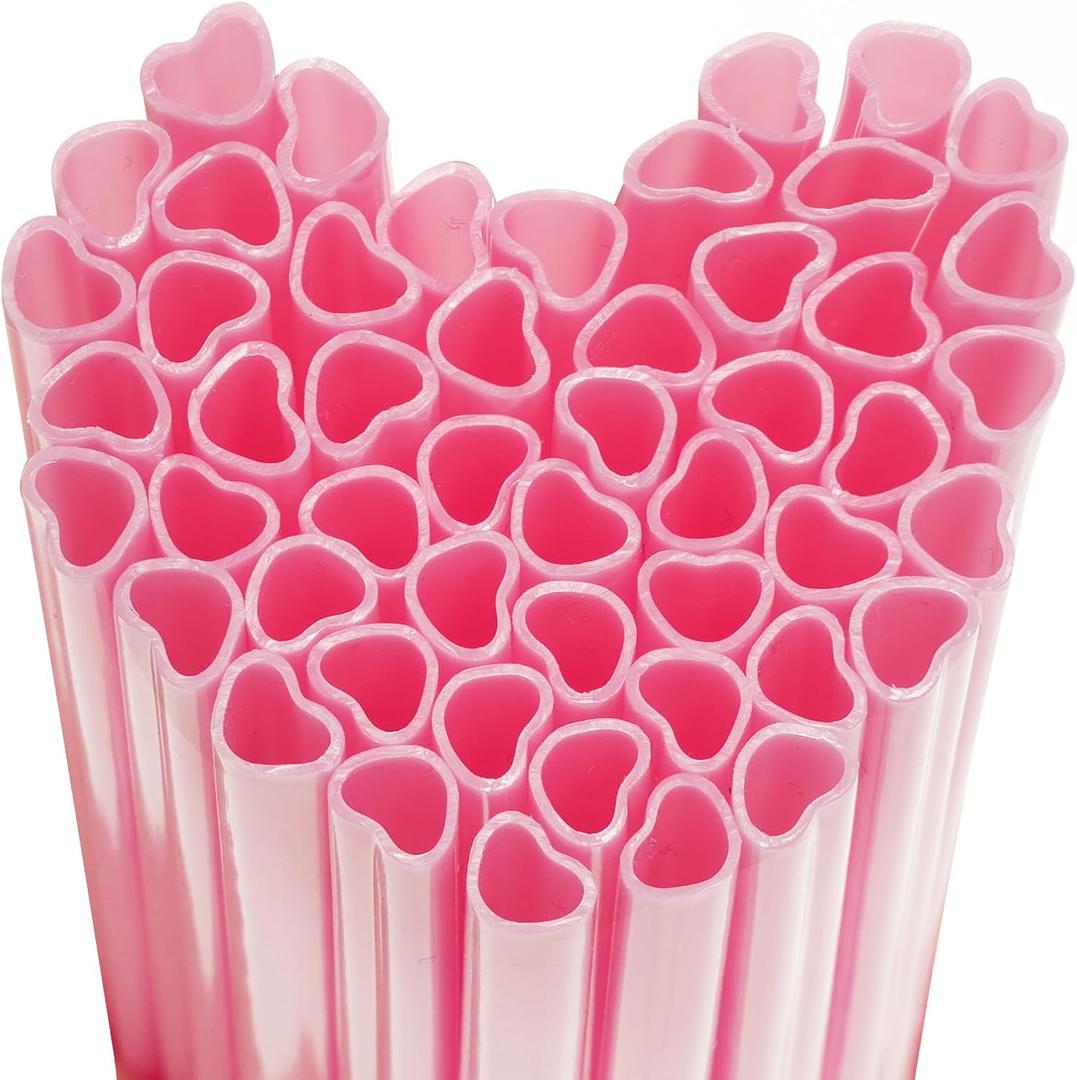 50Pcs Heart Plastic Cocktail Straws, Cute Drinking Straw for Valentine's Day Wedding Birthday Party Supplies (50, Pink)