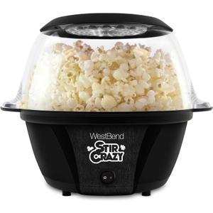 West Bend Stir Crazy Hot Oil Popcorn Popper, Popcorn Maker Machine with Large Serving Bowl Lid and Stirring Rod Perfect for Movie Night Snack Time or Parties, 6-Quart, Black