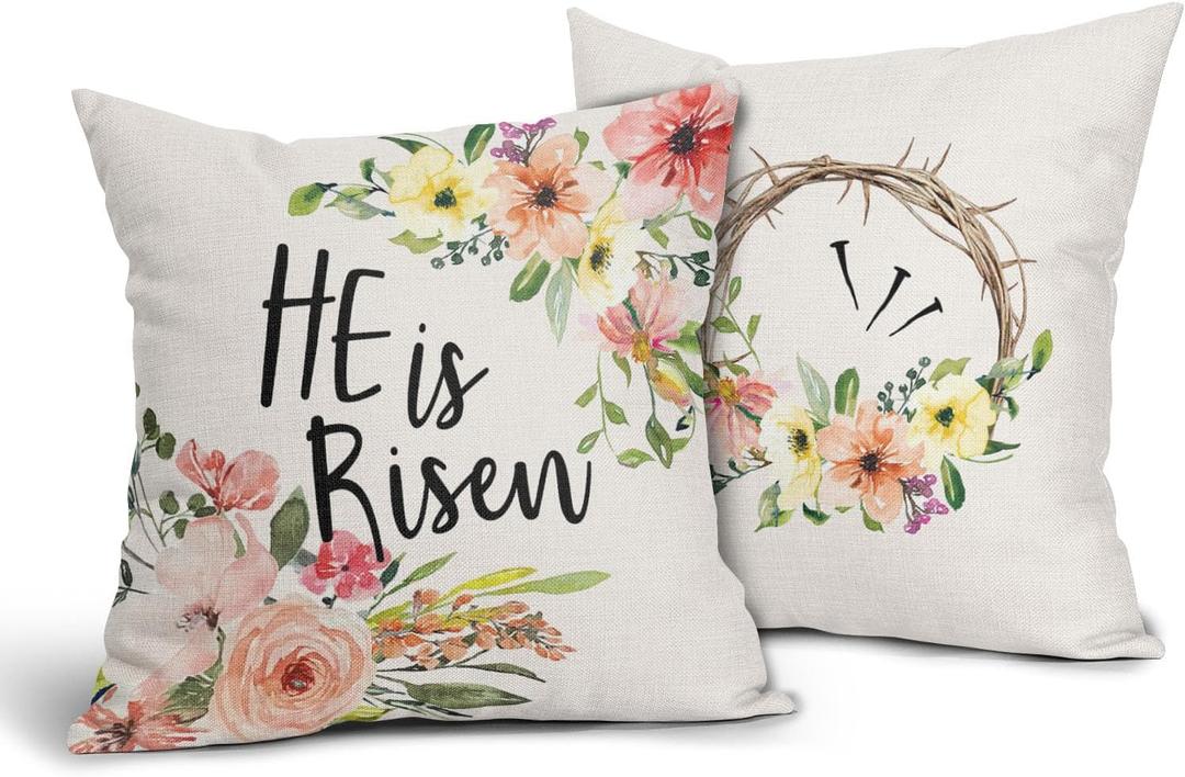 He is Risen Easter Religious Pillow Covers 16x16 Inches Colorful Flowers Throw Pillow Case Set of 2 Easter Spring Pillow Cover Cotton Linen Cushion Cover for Home Couch Sofa Bedroom Livingroom