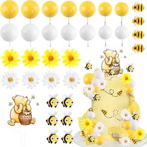Winnie Bear Cake Topper 33Pcs Winnie Cake Decorations Pooh Bear Toppers Yellow White Balls Cupcake Picks with Little Figurine Bee Sunflowers Daisys for Oh Baby Birthday Baby Shower Party