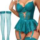 Lilosy Sexy Stocking Rhinestones Heart Garter Underwire Floral Mesh lace Sheer Babydoll Lingerie Teddy Bodysuit Skirt Set (Large, Turquoise)
