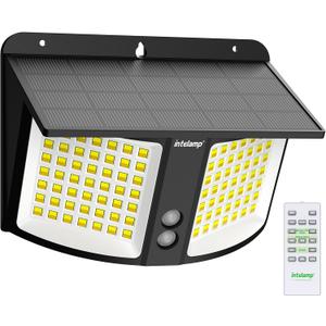 intelamp Solar Motion Sensor Light, Security Flood Light with Remote Control, Dual Color 3000K/6500K, 180 Radar Detection Sensor, IP65 Waterproof Wall Light for Porch, Garden, Yard, Garage, Fence