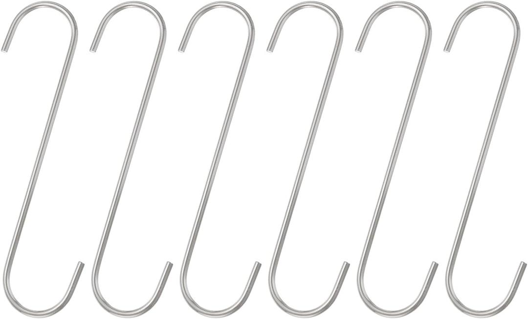 HARFINGTON 6pcs Long S Hooks 8 Inch Extra Long Metal S-Shaped Hanging Hooks High Manganese Steel S Hanger Storage Organizing Tool for Kitchen Garden Bathroom Garage Closet, Silver