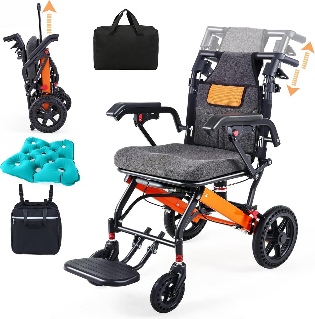Super Lightweight Transport Wheelchair, Upgraded Adjustable Backrest Lightweight Wheelchair, Foldable Wheelchairs with Telescopic Handle, Backpacks,Travel Bags, Inflatable Seat Cushions