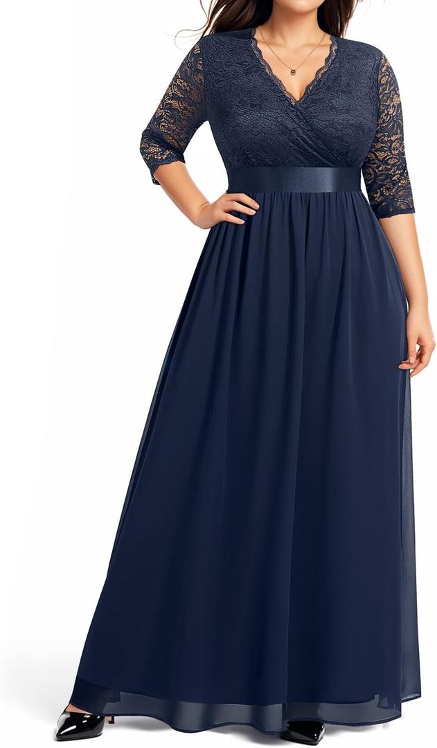 Pinup Fashion Wedding Dresses for Bride Plus Size - Formal Evening Gown Wrap Neck Lace Chiffon Long Dress (14 Plus, Navy-wrap)