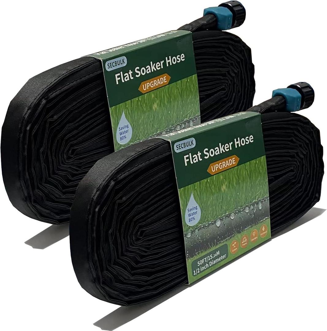 Secbulk 2025 Flat Soaker Hose 100 ft for Garden, 100' (50ft x 2) Linkable Drip Hose Diy Garden Irrigation System Saving 80% Water, Dual-layer Leak-free Design Water Hose with Holes