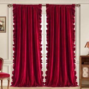 Likiyol Red Velvet Curtains for Living Room 84 Inch Ruffle Christmas Blackout Curtains for Bedroom with Tieback, Thermal Insulated Rod Pocket Window Curtain Room Darkening Drapes 52"W x 84"L, 2 Panels