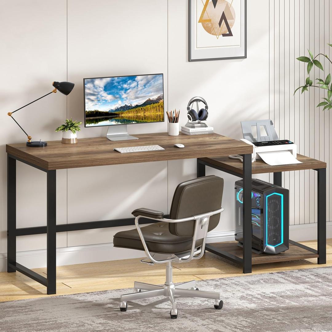 FOLUBAN 63 Inch Large Computer Desk with Printer Space & PC Tower Stand, Modern Wood Home Office Desk Workstation with Storage Shelves, Writing Study Gaming Table, Rustic Oak