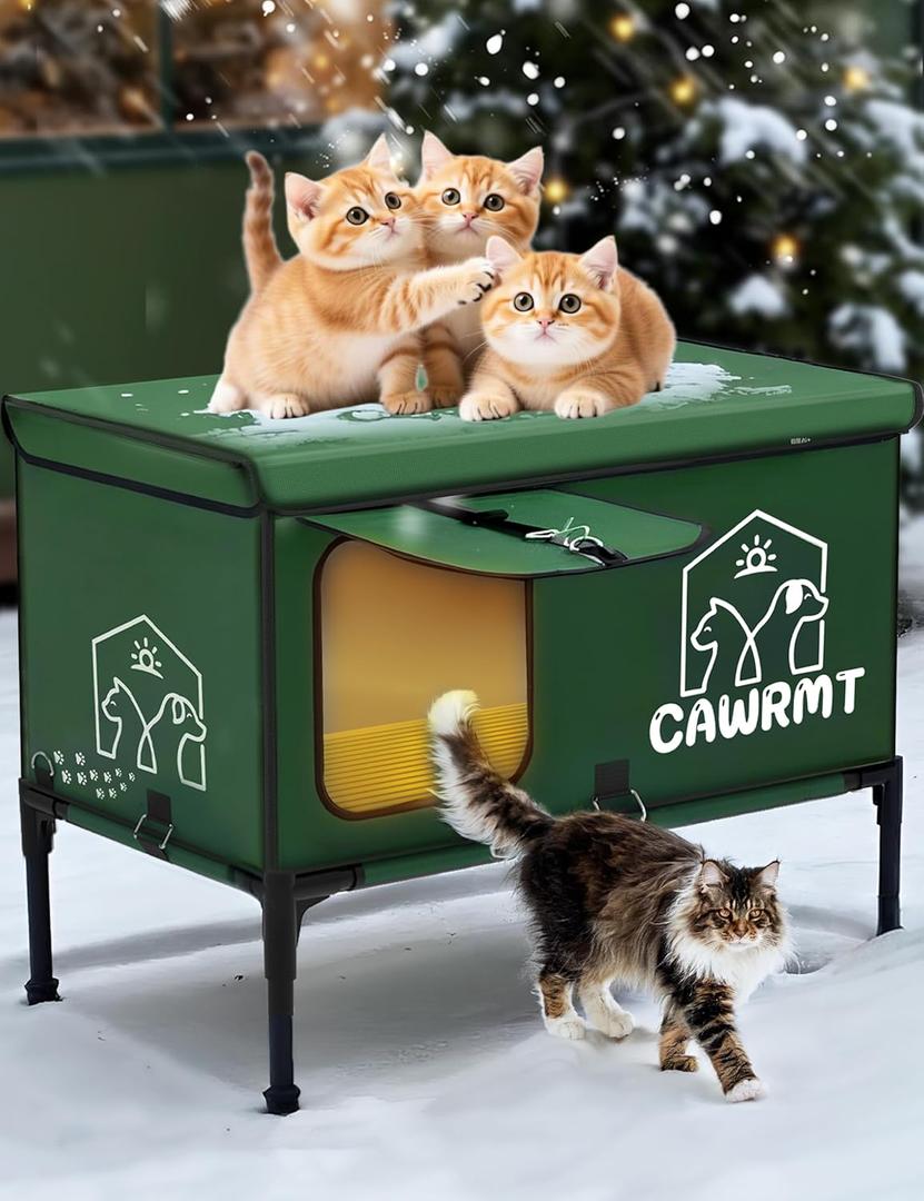 Large Heated Cat House for Outdoor Winter,Full-Coverage Cat House Heater, 100% Waterproof Insulated Outside Cat Shelter for Feral Barn Cat Protection(Green, 21.6X13X17inch)