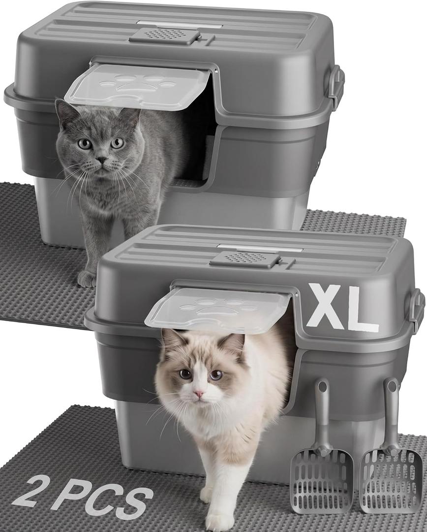 2 PACK Stainless Steel Litter Box with Lid, XL Extra Large Litter Box for Big Cats, Enclosed Metal Litterbox High Sided, Easy Cleaning Anti-Urine Leakage, Mat & Filter Pedal & Scoop, Dark Grey