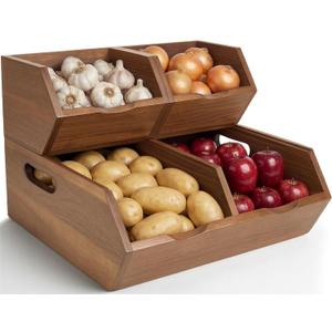 Acacia Wood Pantry Storage Bins, Stackable Storage Baskets Potato and Onion Storage Bins, Pantry Organizer Wooden Baskets Organization and Storage, Set 3 Pieces