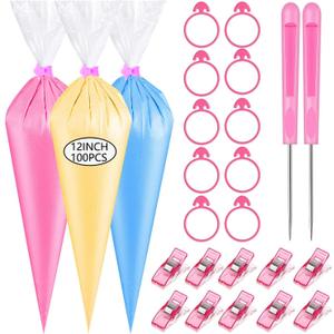 122PCS Tipless Piping Bags Disposable Pastry Bag 12 Inch 100PCS Icing Bags, 10 PCS Frosting Bag Clips, 2 Scriber Needle and 10 PCS Pastry Bag Ties for Cookies Cake Decorating