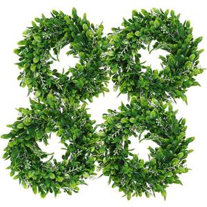 LSKYTOP 4 Pcs Boxwood Wreath with Artificial Green Leaves Door Wall Window Decoration,11Inch/PC