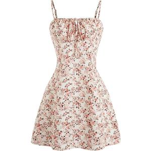 GORGLITTER Women's Floral A Line Flared Cami Mini Dress Tie Front Ruched Bust Vacation Sundress, Size: L