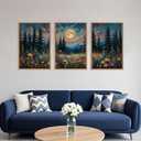 Large Nature Moon Wildflowers Framed Canvas Wall Art,Vintage Forest Flowers Wall Decor,Dark Mountain Night Painting,Wilderness Artwork for Living Room,Bedroom,Dining Room,Office -16"x24"x3