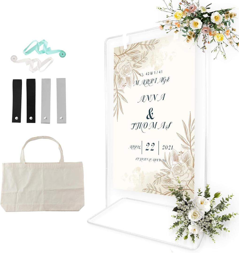 TPFWTD Wedding Sign Holder, Adjustable Welcome Sign Stand w/ Leather Hanging Strap, Satin Ribbon & Carry-on Bag, Heavy Duty Easel Stand for Wedding Seating Chart, Display & Poster (White)
