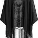 BEAUDRM Women's Goth Tassel Kimonos Boho Hippie Whimsical Fringe Sheer Mesh 3/4 Sleeve Shawl Poncho Cardigan Tops, XL