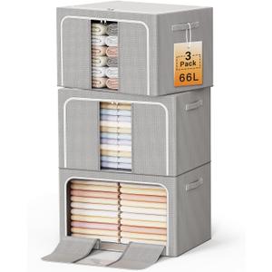 Clothes Storage Bins with Metal Frame Foldable Storage Box Clothes Organizers Storage Containers for Clothes Sheets Blankets Books Toys Gifts and Holiday Decorations (66Lx3 Pack)