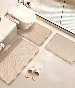 YIHOUSE Khaki Bathroom Rugs Sets 3 Pieces,Beige Low Pile Soft Bath Rugs,Brown Thin Bath Mats Non Slip Quick Dry,Super Absorbent Small Bathroom Mat Washable