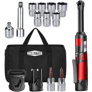 Electric Ratchet Wrench 3/8 Cordless Ratchet Wrench Set, Extended 55 Nm Battery Powered Ratchet Tool with 7 Sockets, 2 Screwdrivers, 1 Extender, 1/4" Adapter and Bag-DBCRWI2L